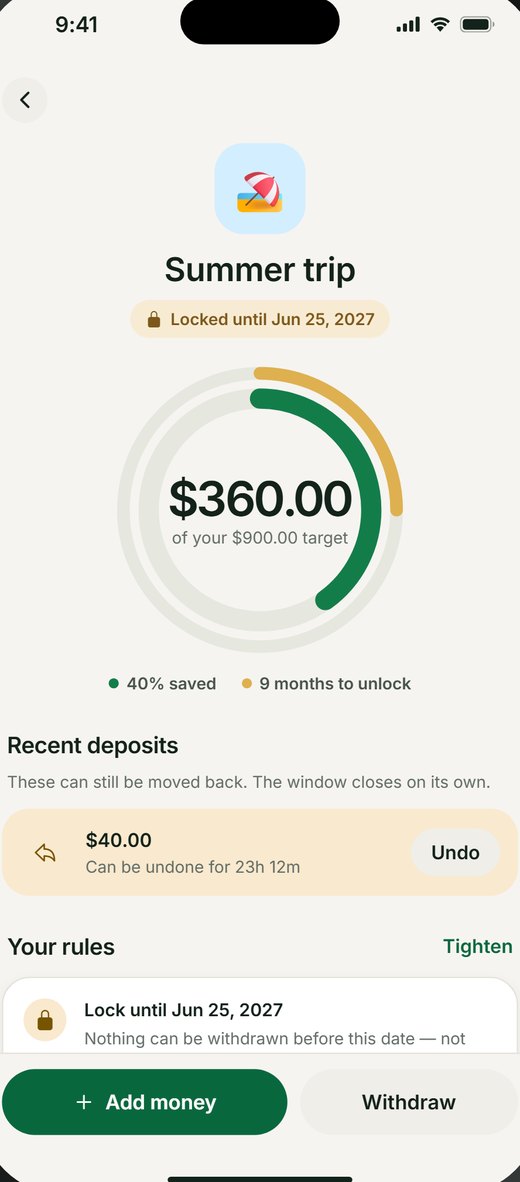 A Holdout savings goal showing progress toward a target and the time left until it unlocks.