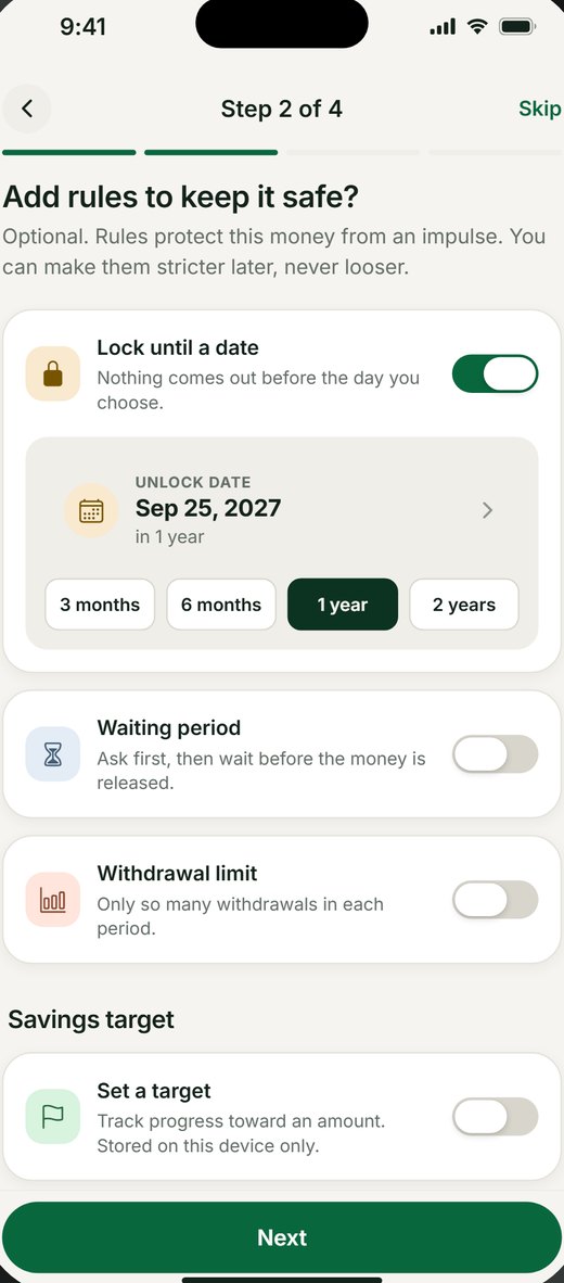 Creating a goal in Holdout: switches for a lock date, a waiting period and a withdrawal limit.