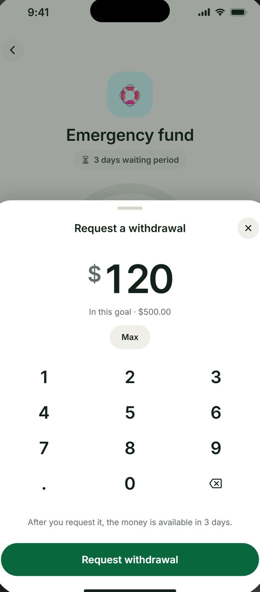Requesting a withdrawal in Holdout, showing the money will be available in three days.
